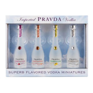 Pravda Vodka Miniaturen-Set (4 x 50ml) – Premium Flavored Wodka Tasting Pack – Exotische Auswahl: Raspberry, Peach, Pineapple & Coconut